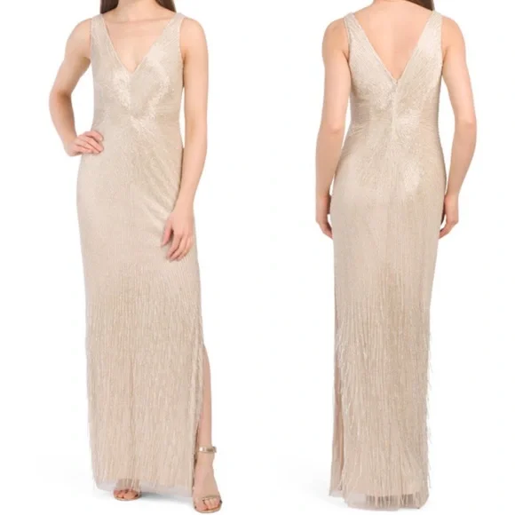 Aidan Mattox fringes V-Neckline sleeveless beaded gown dress - Picture 1 of 16